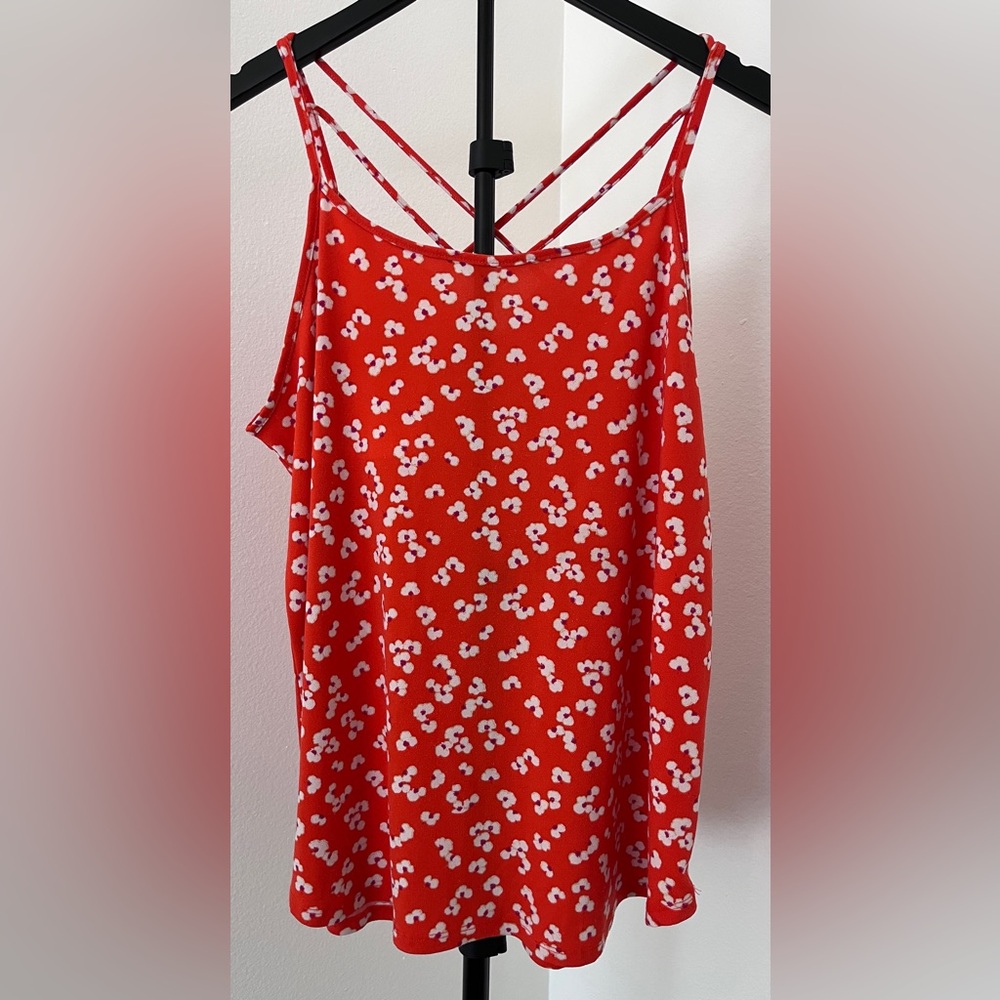 Kaileigh Red Floral Strappy Tank XL | Crisscross Back Cami | Summer Boho Cool